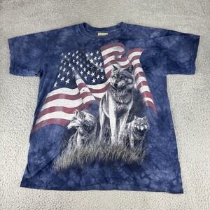 American Flag‎ Shirt Wolf Mountain Adult M Blue Mens Tie Dye Wolves VINTAGE Y2k